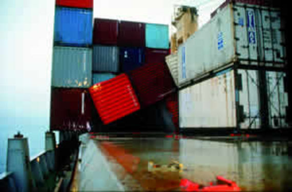 Containers broken loose on the deck of the Sherbro (source: Cedre)