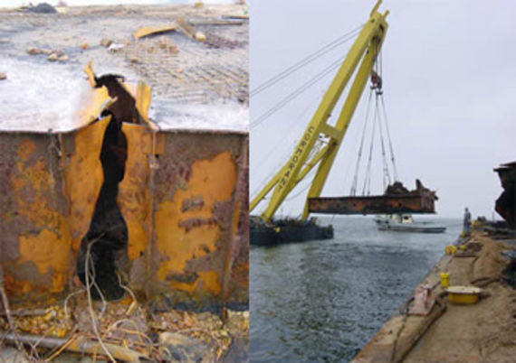 Cutting out of the double bottom and hoisting the wreck on land